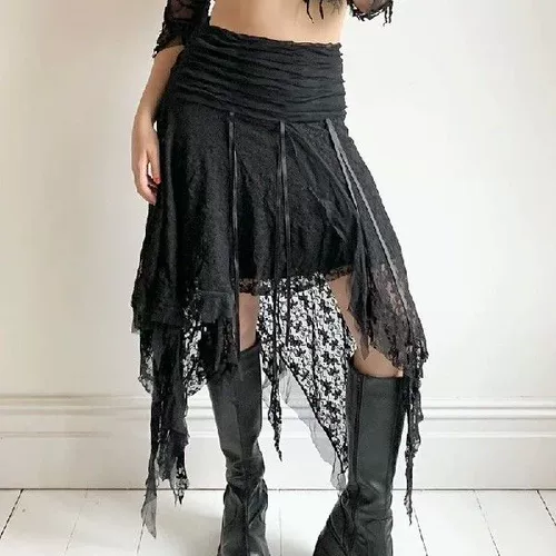 Черная кружевная нерегулярная длинная юбка готическая мода мода 2 женщины 2