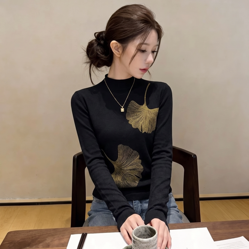 时髦设计感半高领长袖针织衫女秋季内搭印花百搭体恤独特别致上衣