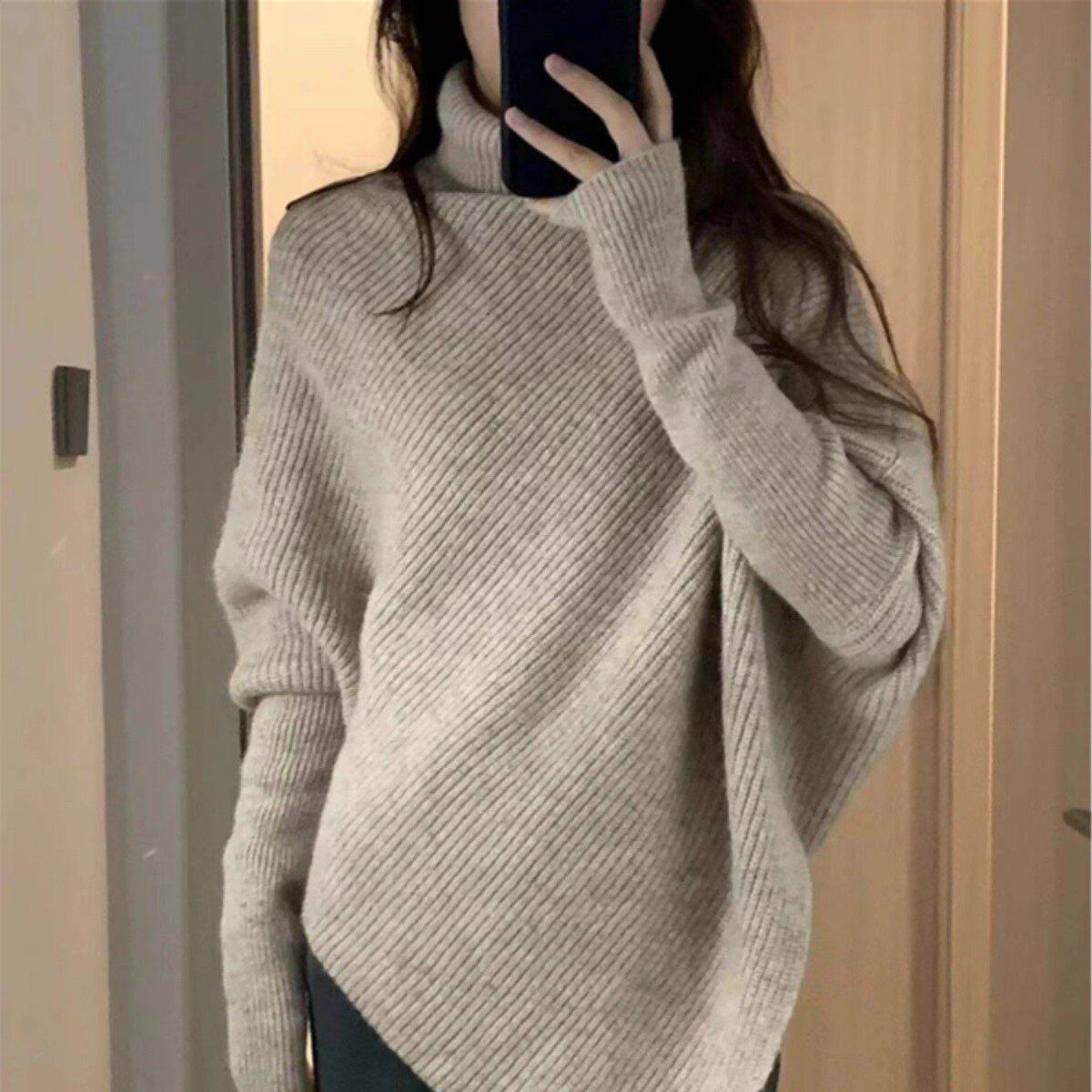 设计款不规则高领蝙蝠袖羊绒针织衫女秋冬宽松中长款毛衣翻领毛衫