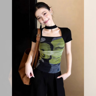 黑绿晕染挂颈方领收腰修身显瘦短袖t恤女2026新款夏季设计感上衣