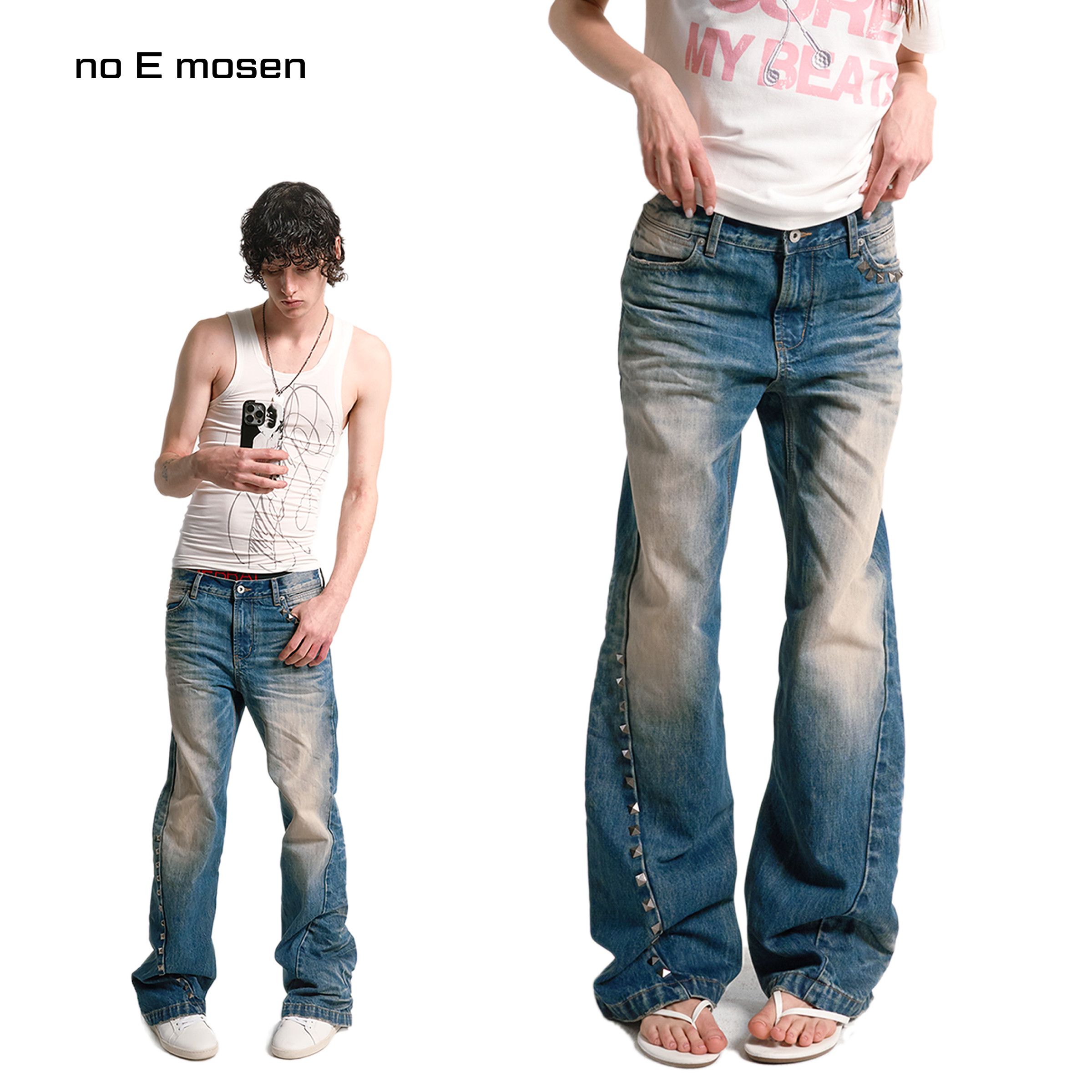 noEmosen(noE)波纹鬼爪水洗蓝泥染铆钉装饰直筒微喇13盎司牛仔裤