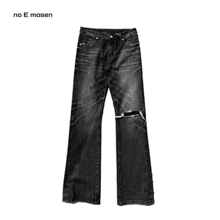 skinny铆钉牛仔裤 mosen 闪电纹黑灰洗水复古破坏修身 noE