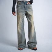 冰蓝泥染立体猫须水洗14盎司直筒破坏阔腿牛仔裤 noEmosen noE