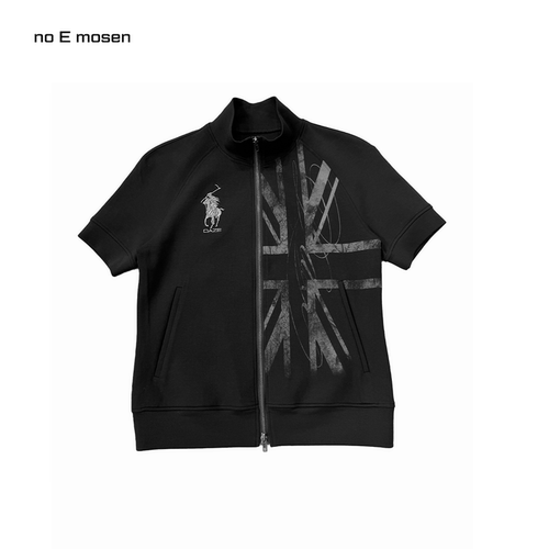 花体米字旗立领收下摆五分袖短袖