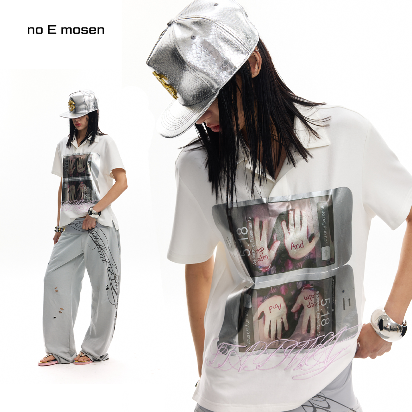 no E mosen(noE)'TUMBLR'液体金属烫银千禧感亚文化POLO短袖