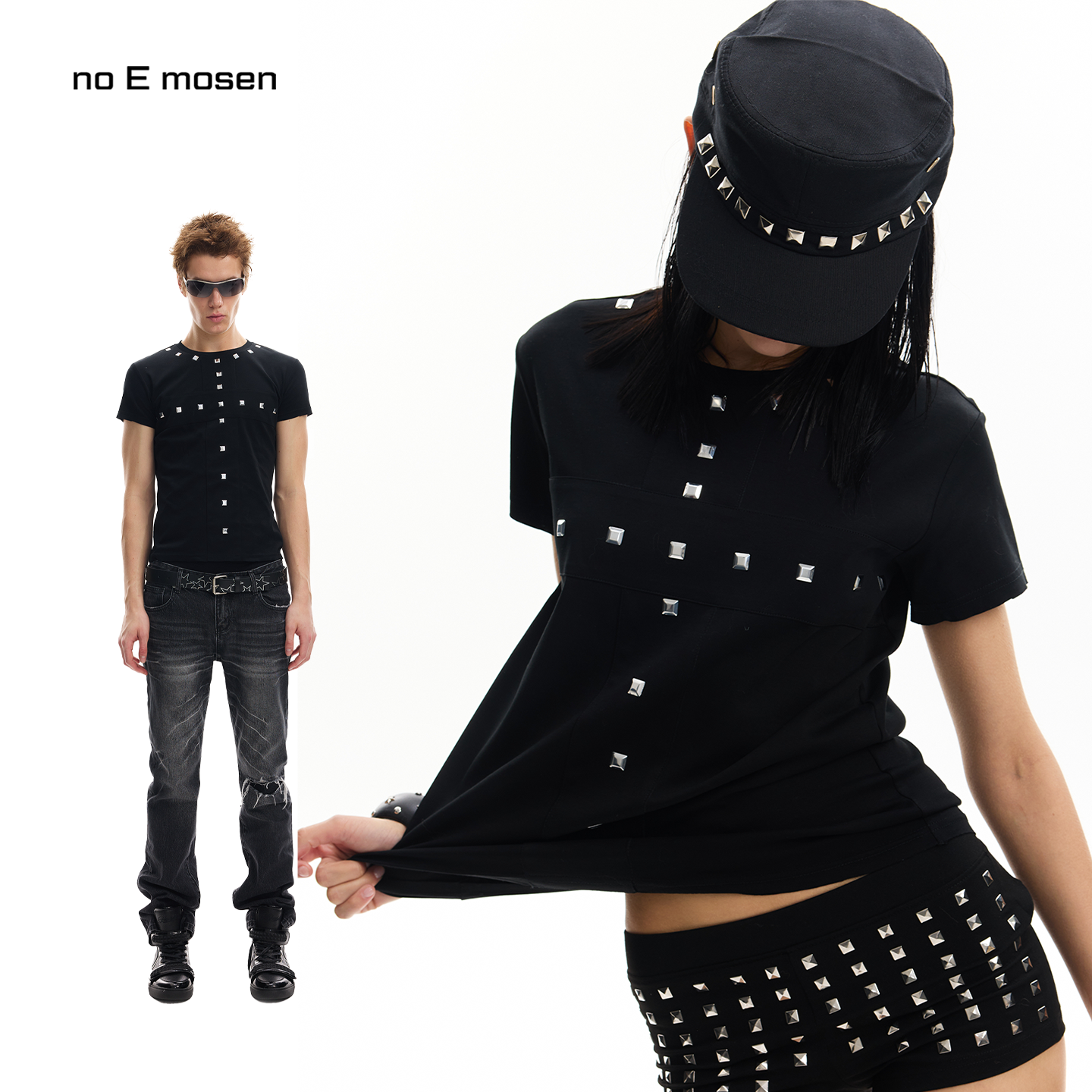 no E mosen（noE）十字贴布烫钻方钉黑色弹力修身街头夏季短袖