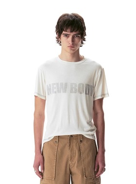 no E mosen NEWBODY印花反印正肩微透坑条亲肤柔软弹力螺纹短袖