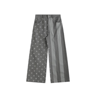 深灰星条旗满印轻酵洗帆布直筒阔腿街头休闲裤 noE mosen