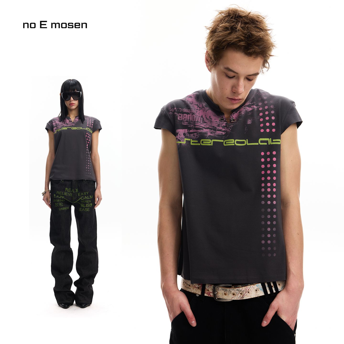 no E mosen（noE）'STEREO Lab'波点印花灰紫色回形扣装饰飞袖短T
