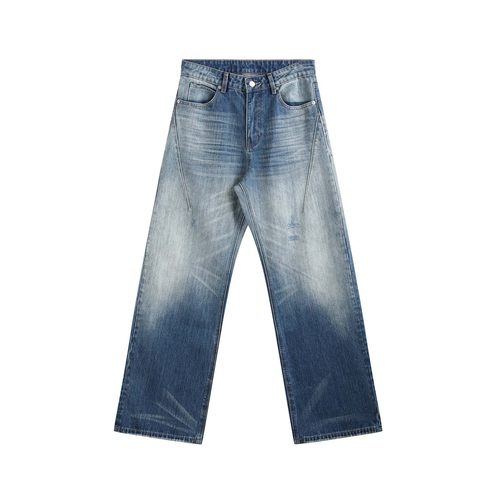 no E mosen(noE)浅蓝水洗轻微手工磨破直筒版型13盎司牛仔裤