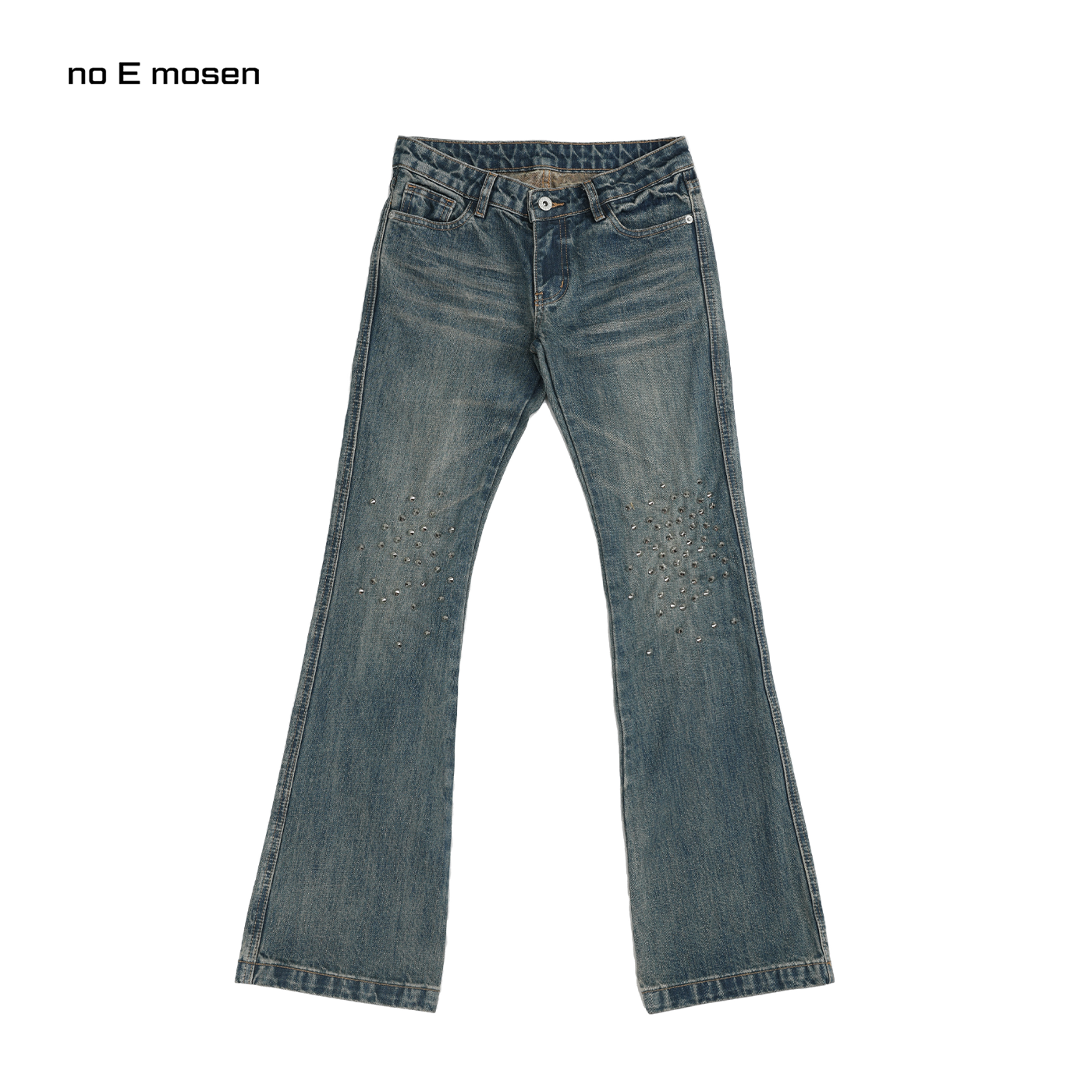 no E mosen（noE）尖刺铆钉膝盖装饰修身微喇青蓝水洗女士牛仔裤