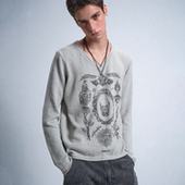 mosen noE SKULLTATTOO 特殊织法毛织V领宽松白花灰毛衣