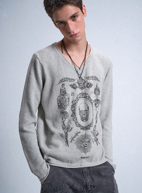 no E mosen(noE)'SKULLTATTOO'特殊织法毛织V领宽松白花灰毛衣