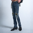 no E mosen(noE）双膝大破坏拼皮铆钉蓝鬼水洗做旧修身微弹牛仔裤