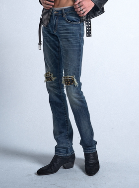 no E mosen(noE）双膝大破坏拼皮铆钉蓝鬼水洗做旧修身微弹牛仔裤