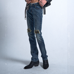 微弹牛仔裤 mosen 双膝大破坏拼皮铆钉蓝鬼水洗做旧修身 noE