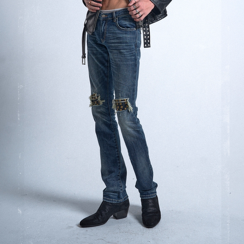 (noE）双膝大破坏修身微弹牛仔裤