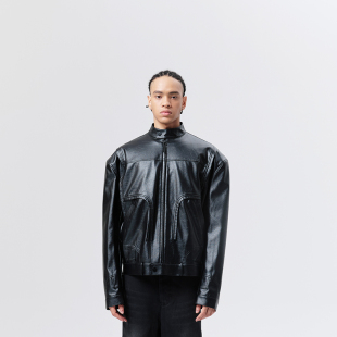 VALRENCE结构设计宽肩撞钉黑色夹克皮衣外套 VANN 赵品霖同款