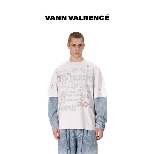 VANNVALRENCE拼接牛仔长袖T恤