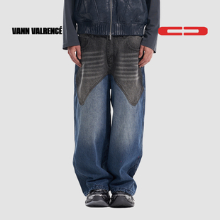 VANN VALRENCE原创设计美式复古拼色做旧直筒宽松休闲牛仔长裤