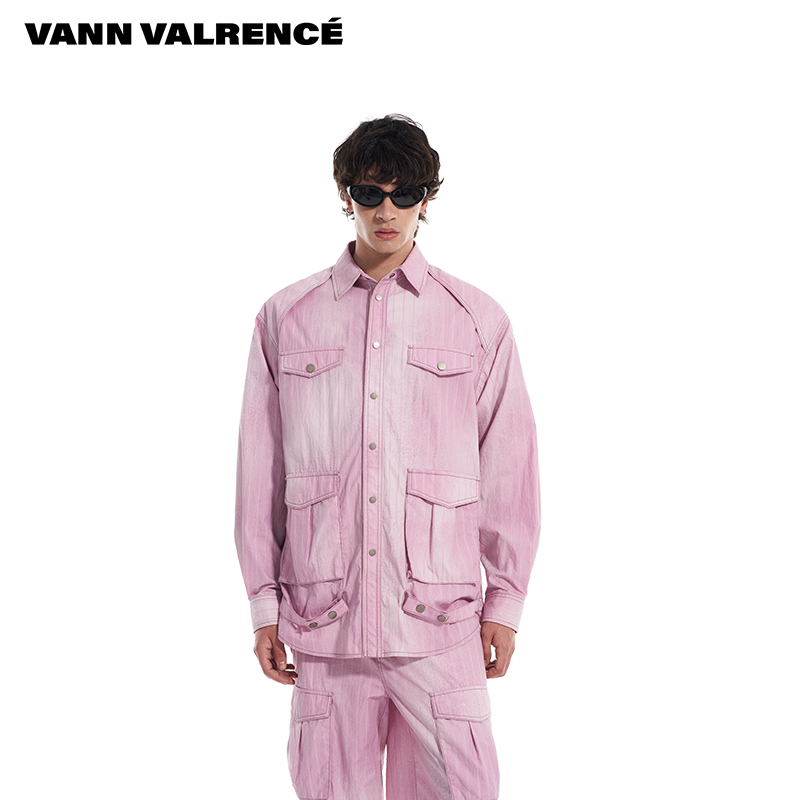 男女同款做旧条纹粉色长工装衬衫