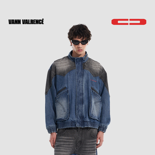 VANN VALRENCE工装设计感小立领拼接擦色做旧宽松拉链夹克外套