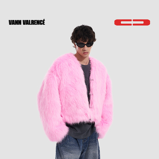 VANN VALRENCE原创设计粉色正反两面穿环保皮草宽松加厚保暖外套