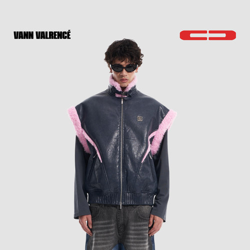 VANN VALRENCE 原创设计分割拼色皮质翻领宽松拉链开衫马甲外套