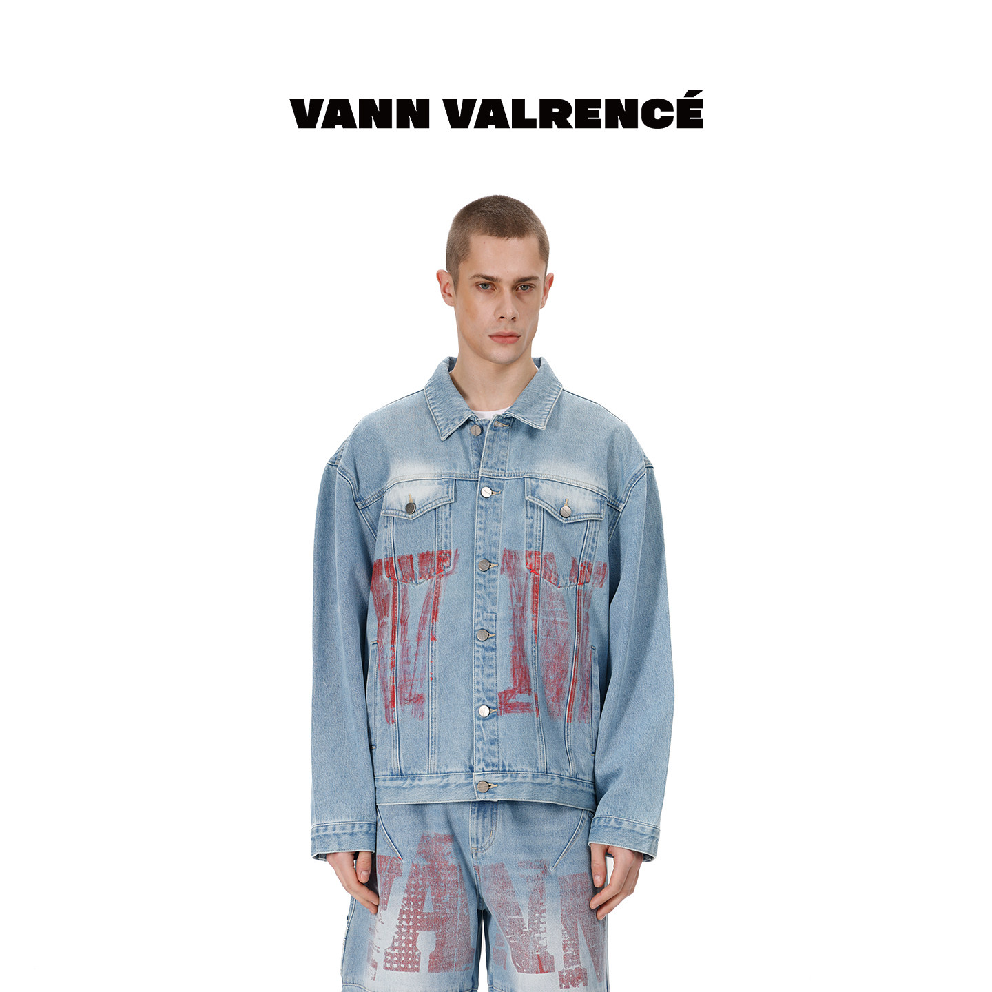 VANN VALRENCE春秋大印花纯棉牛仔夹克 原创潮男女水洗做旧外套