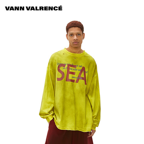 杨超越同款做旧撞色印花长袖T恤