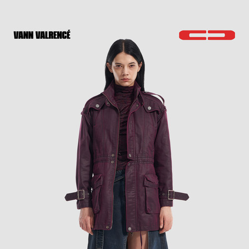 VANN VALRENCE紫红色水洗中长款宽松立领工装拉链风衣外套女士
