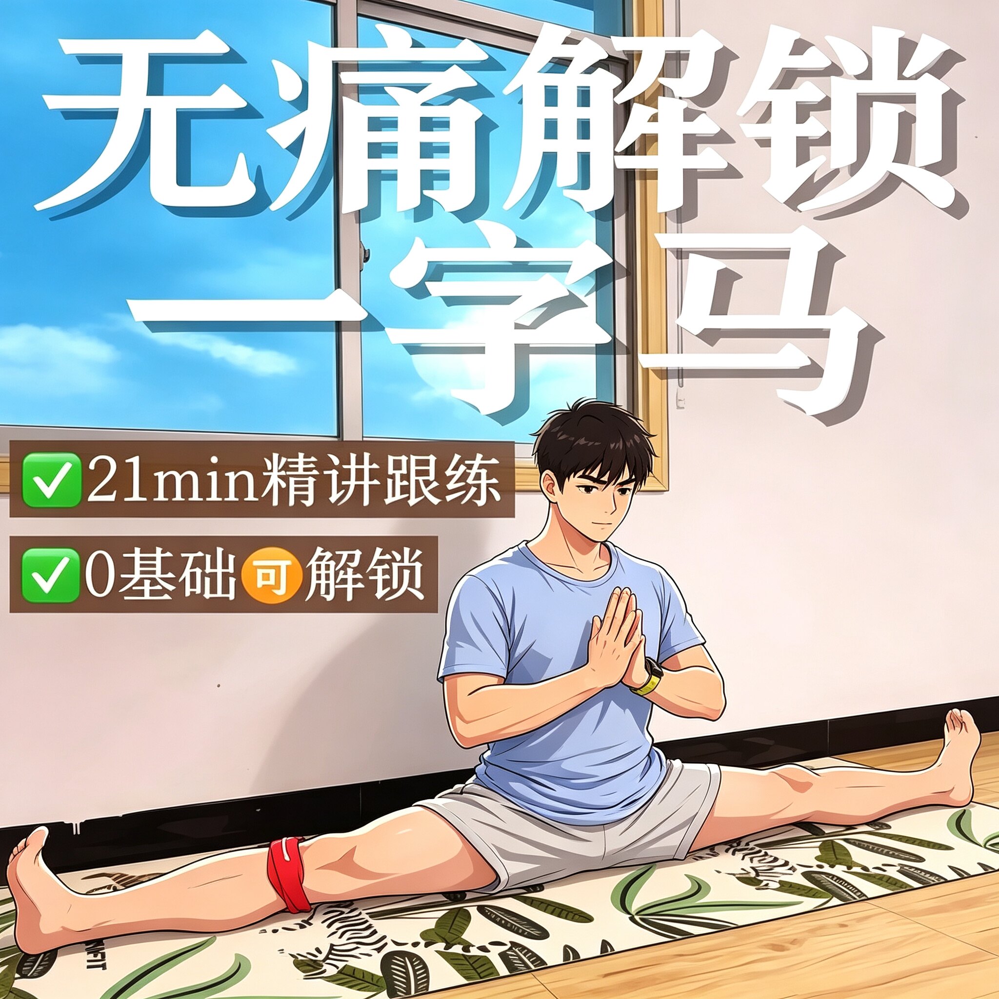 零基础无痛一字马21分钟跟练教程柔韧拉伸劈叉分步教学课程