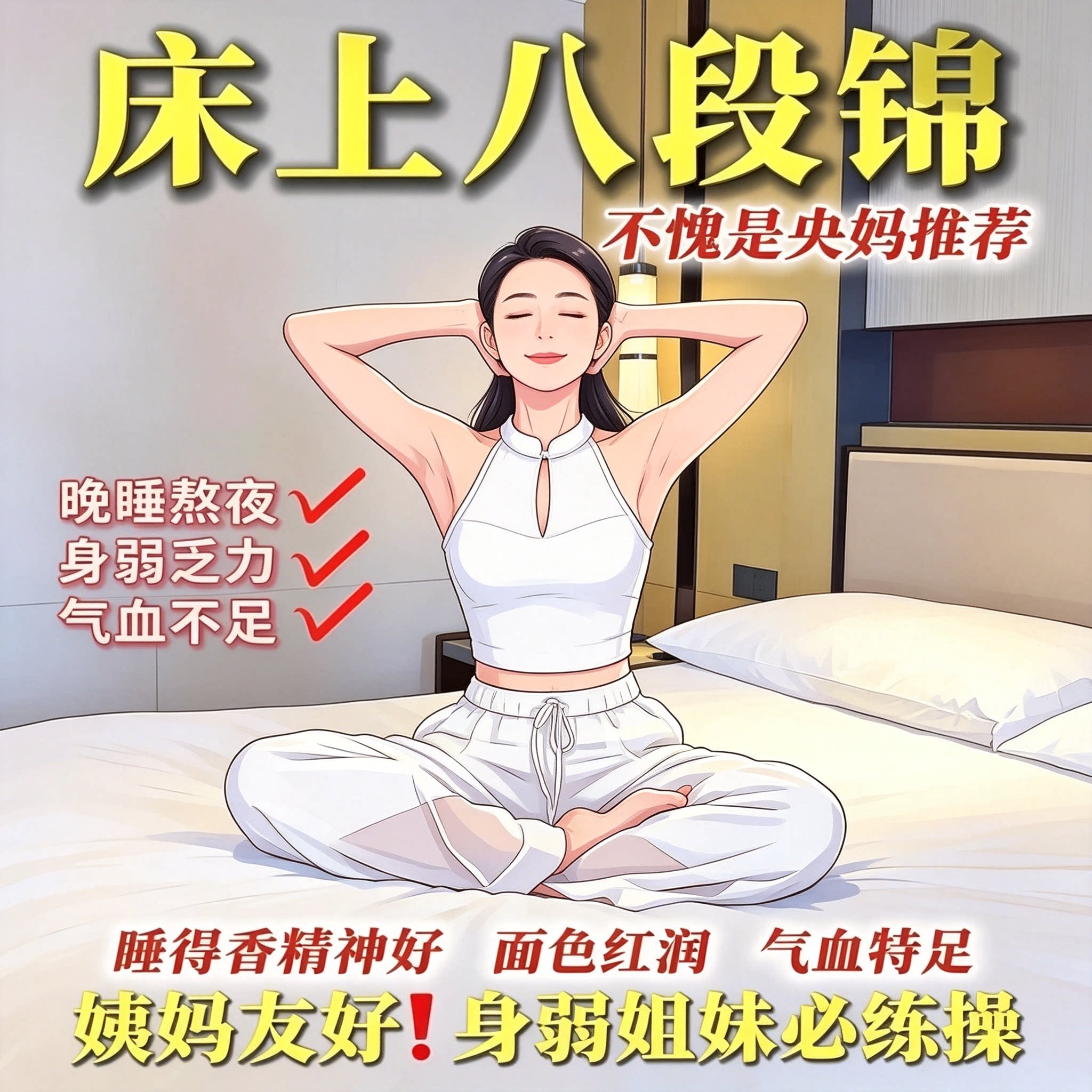 床上简易八段锦全套功法睡前养生调理气血熬夜修复跟练视频课程