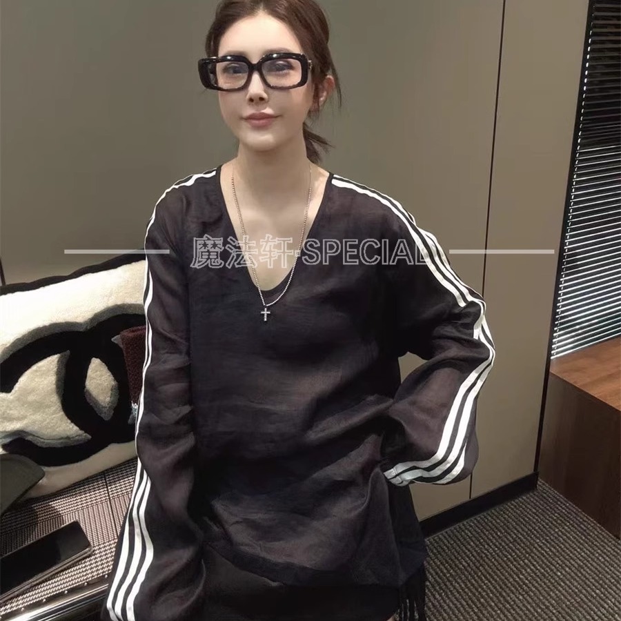 侧条纹麻料衬衫长袖女2025新款夏季薄款V领套头衬衣休闲上衣欧货Q