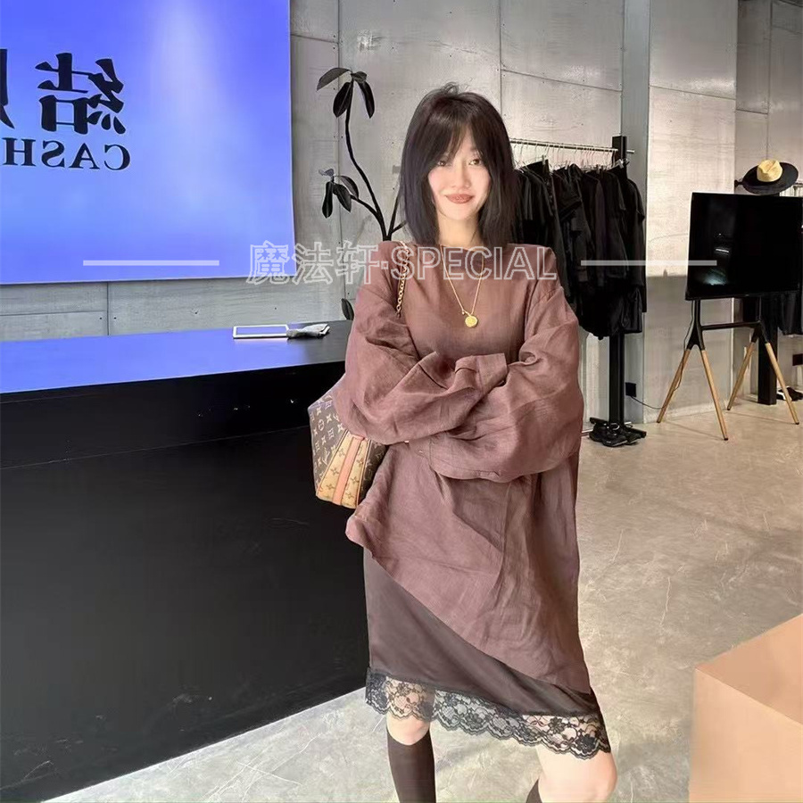 衬衫裙子套装女2025新款夏季长袖套头衬衣+蕾丝花边半身裙两件套Q