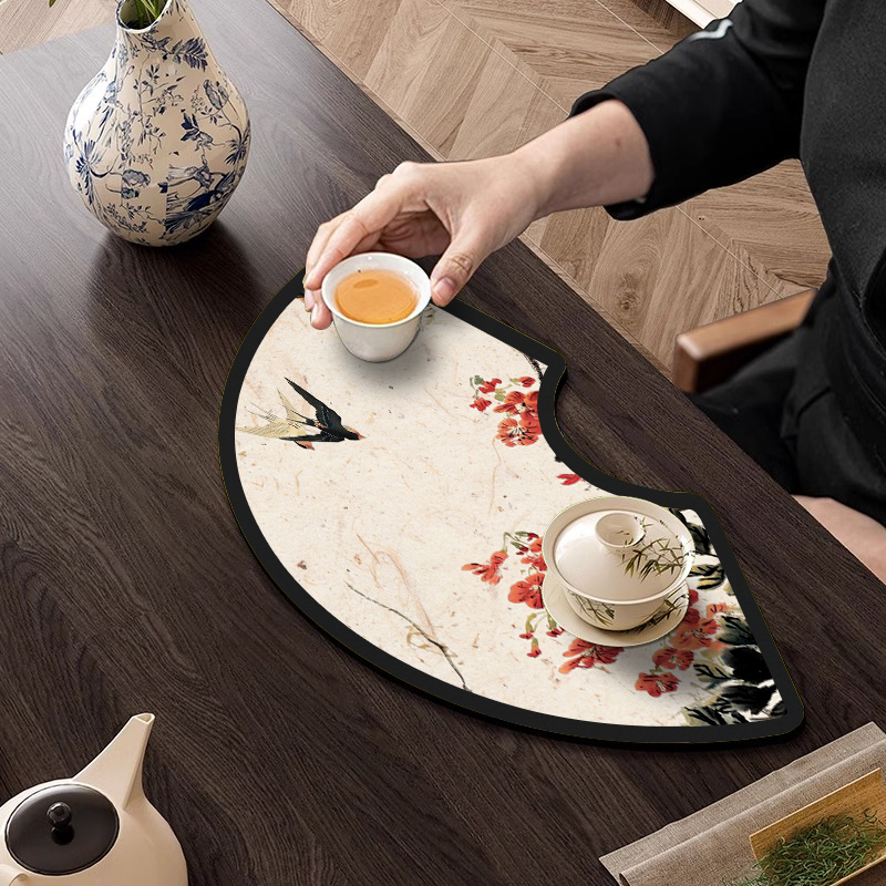 新中式异形茶席垫子硅藻泥吸水茶垫一人墨彩桌旗禅意扇形茶桌垫布