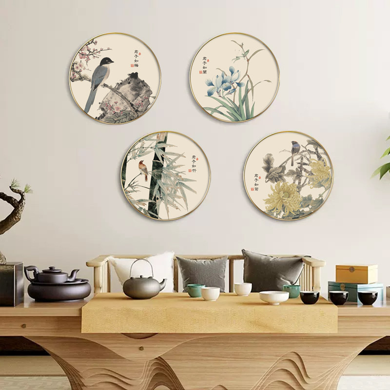 网红梅兰竹菊新中式客厅装饰画圆形沙发背景墙壁画茶室字画玄关挂