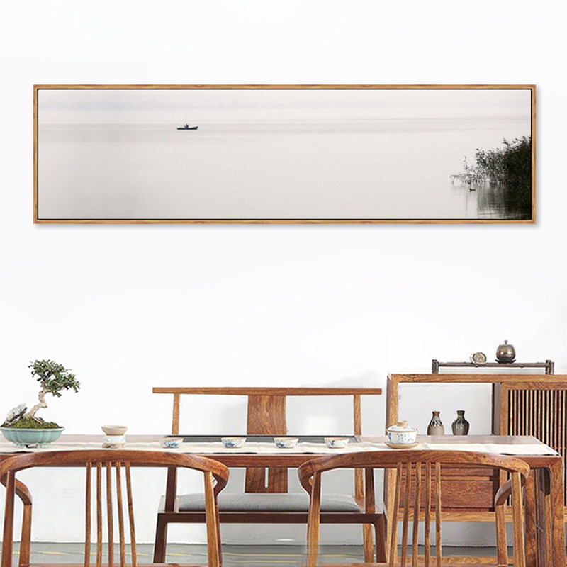 网红意境装饰画禅意画极简水墨船江上独钓挂画新中式客厅横幅壁画