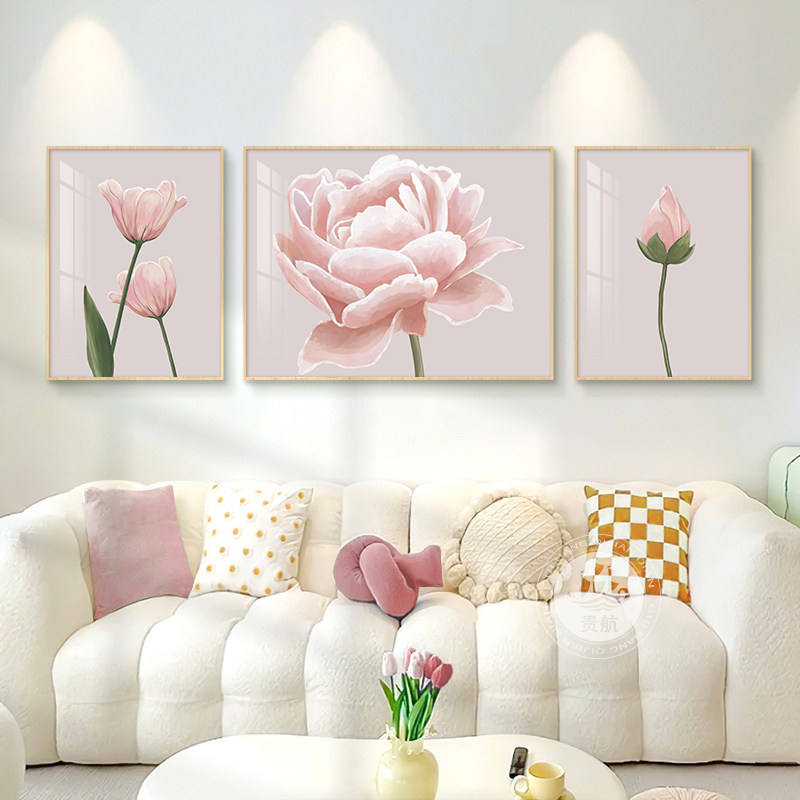 网红牡丹花客厅三联壁画奶油风挂画现代轻奢花开富贵沙发背景墙装图片