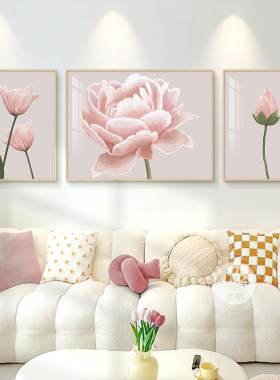 网红牡丹花客厅三联壁画奶油风挂画现代轻奢花开富贵沙发背景墙装