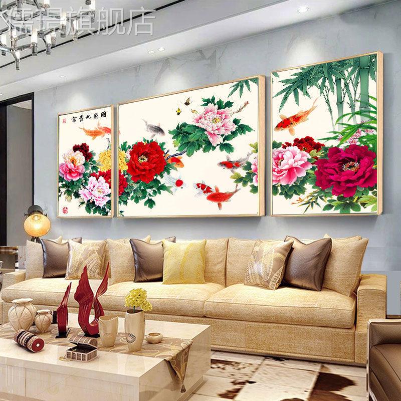 网红牡丹三联装饰画厅壁沙发背景墙客画花开富贵晶瓷画孔雀画欧式图片