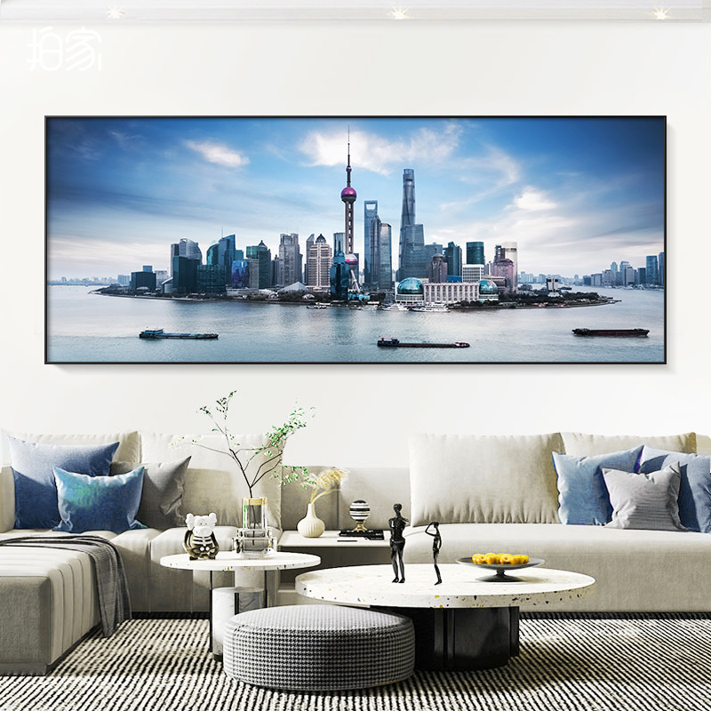 网红装饰画城市风景建筑上海北京纽约夜景大气客厅横版巨幅带框壁