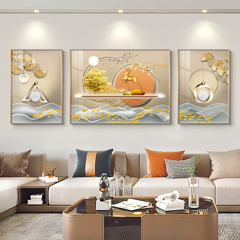网红旭日禄来大气客厅装饰画高档轻奢风沙发背景墙挂画三联画寓意,家居饰品,现代装饰画,淘宝优惠券,粉丝福利购,淘宝优惠卷