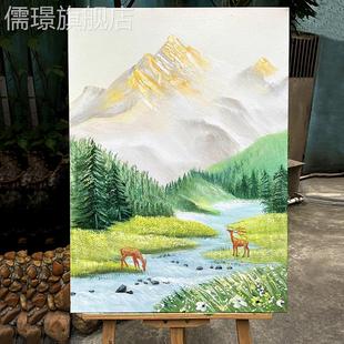 饰画风景山玄关 网红手绘日照金山客级厅小鹿高感肌理沙发无框水装