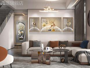 定做晶瓷画轻奢客厅装饰画沙背景墙三联画现代约餐简厅壁画发麋鹿