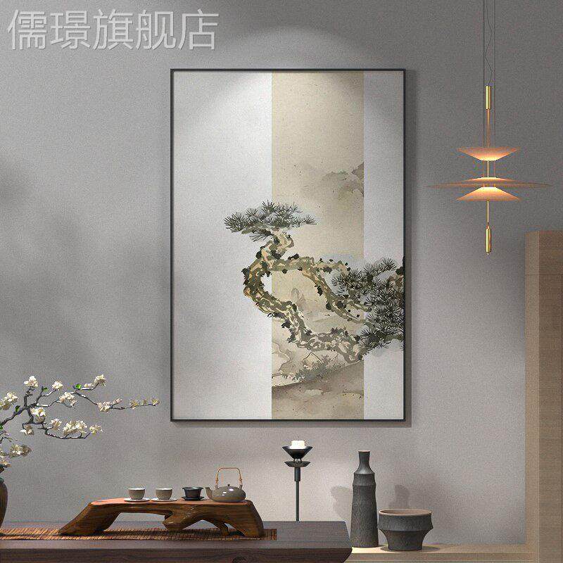 网红新中式水饰松树装画客厅茶玄关背景墙中国风房书室竖版走廊墨