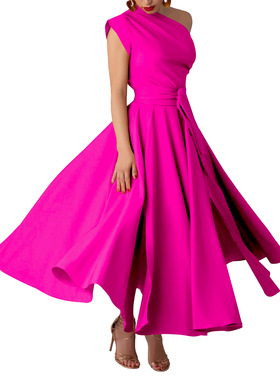 时尚斜领绑带收腰大摆连衣裙Fashionable off-the-shoulder dress
