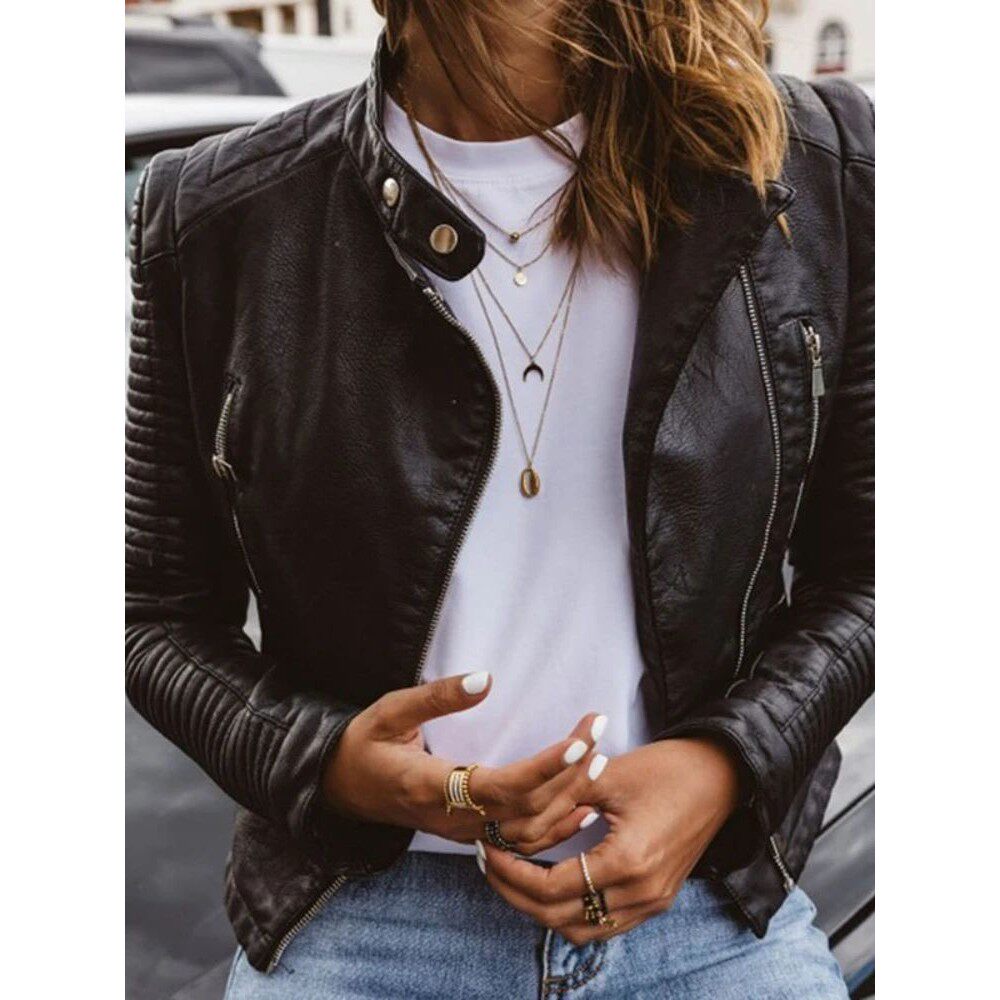 女装短款修身显瘦宽松皮外套  Women Cropped Leather Coat