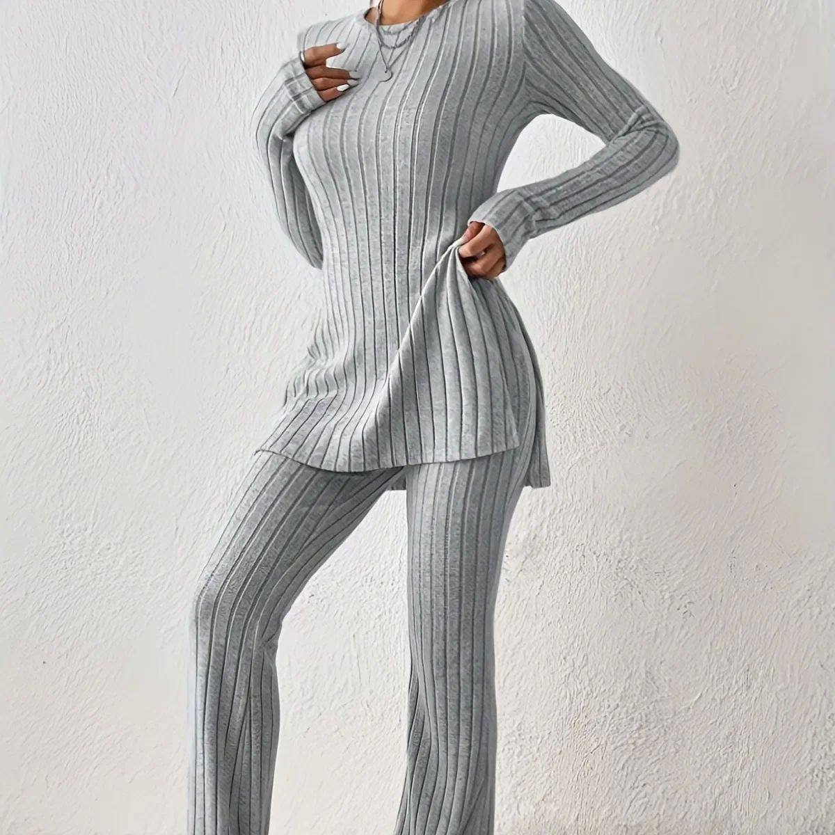 Split knit small leg pant suit开叉不规则针织衫高腰小脚裤套装