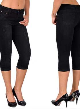 Simple stretch tight denim capri pants简约弹力紧身牛仔七分裤